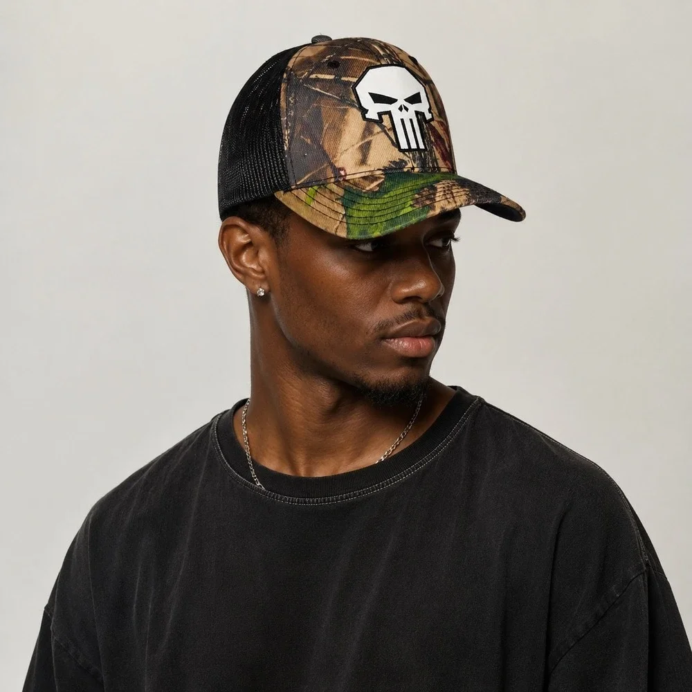 Marvel Punisher Camo Trucker Hat Mens Black Mesh Snapback Skull Baseball Cap